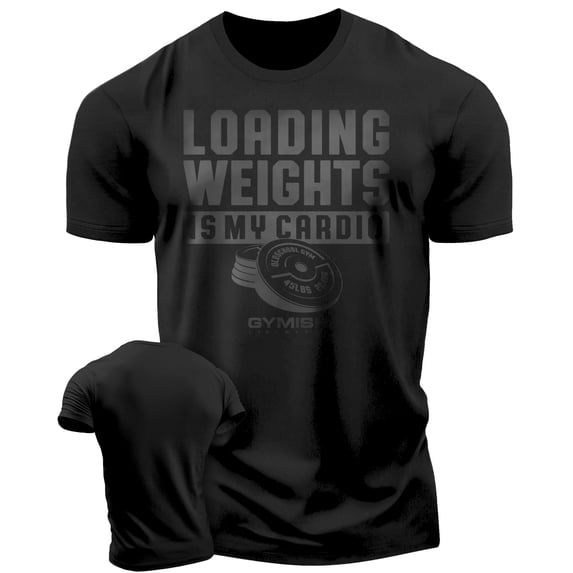 Gymish Loading Weights Is My Cardio Gym T-Shirt for Men – Funny Motivational Workout Shirt, Athletic Fitness Wear, Black on Black, X-Large