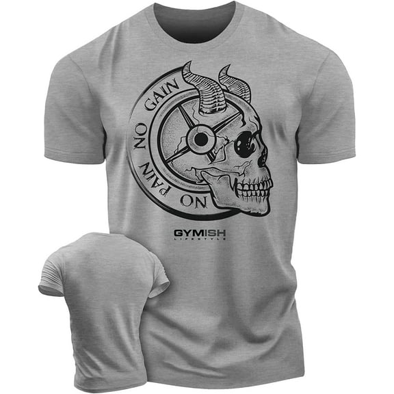 Gymish No Pain No Gain Skull Gym Lifting Motivation T-Shirts for Men