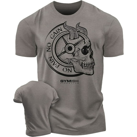 Gymish No Pain No Gain Skull Gym Lifting Motivation T-Shirts for Men
