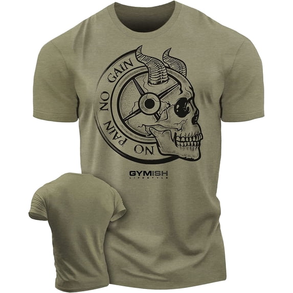 Gymish No Pain No Gain Skull Men’s Workout T-Shirt – Funny Motivational Lifting Gym Tee