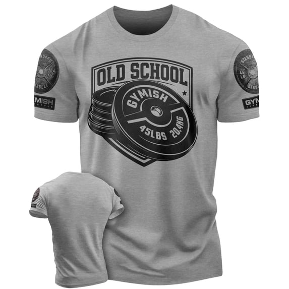 Gymish Old School Workout T-Shirt for Men, Funny Gym Shirt, Lifting Tee, Deadlift Shirt, Men's Athletic Top, Heather Grey with Sleeve Logo, X-Large