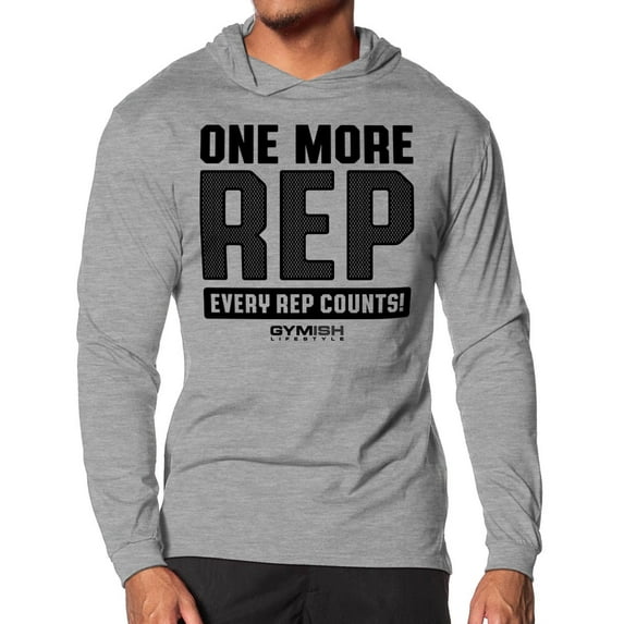 Gymish One More Rep Lightweight Long Sleeve Hooded T-Shirt for Men – Athletic Workout Hoodie, Funny Gym Shirt, Men's Fitness Apparel