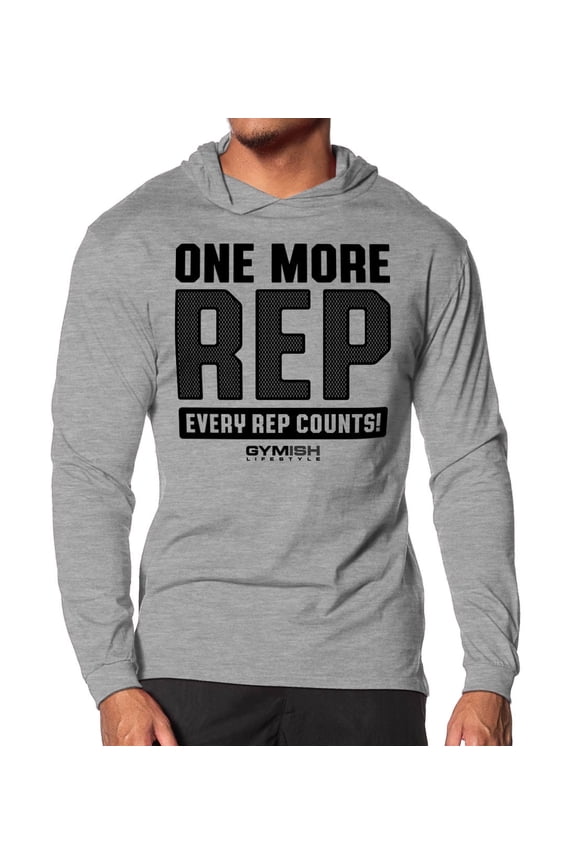 One More Rep Lightweight Long Sleeve Hooded T-Shirt for Men – Athletic Workout Hoodie, Funny Gym Shirt, Men's Fitness Apparel