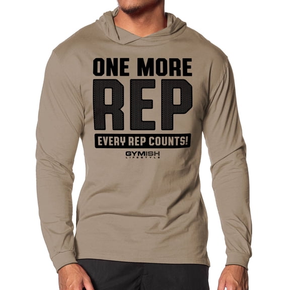 Gymish One More Rep Lightweight Long Sleeve Hooded T-Shirt for Men – Athletic Workout Hoodie, Funny Gym Shirt, Men's Fitness Apparel