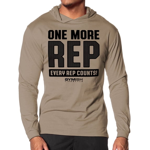 Gymish One More Rep Lightweight Long Sleeve Hooded T-Shirt for Men – Athletic Workout Hoodie, Funny Gym Shirt, Men's Fitness Apparel