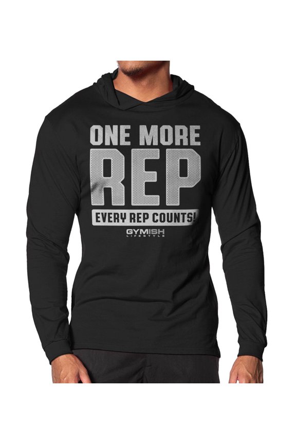 One More Rep Lightweight Long Sleeve Hooded T-Shirt for Men – Athletic Workout Hoodie, Funny Gym Shirt, Men's Fitness Apparel