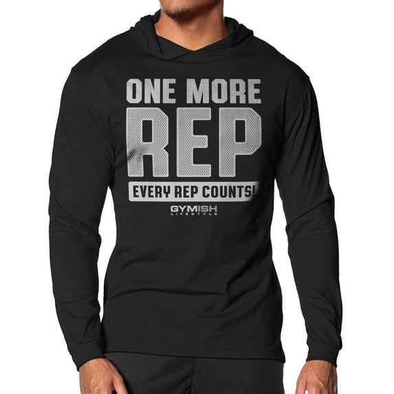 Gymish One More Rep Lightweight Long Sleeve Hooded T-Shirt for Men – Athletic Workout Hoodie, Funny Gym Shirt, Men's Fitness Apparel