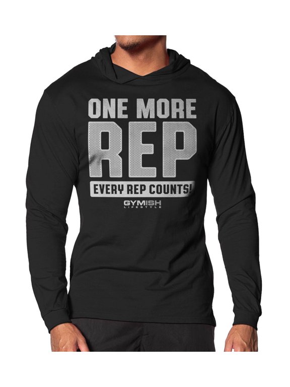 One More Rep Lightweight Long Sleeve Hooded T-Shirt for Men – Athletic Workout Hoodie, Silver on Black, Large
