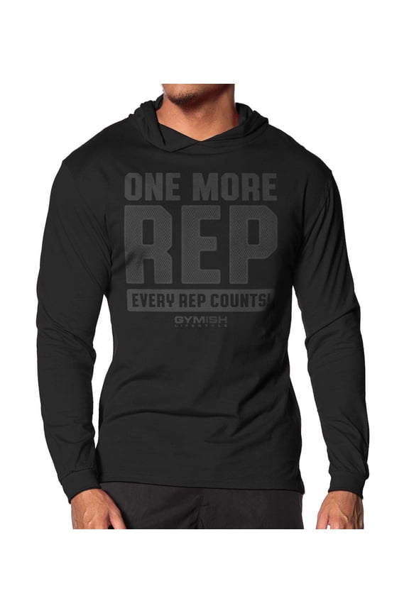 One More Rep Lightweight Long Sleeve Hooded T-Shirt for Men – Athletic Workout Hoodie, Funny Gym Shirt, Men's Fitness Apparel