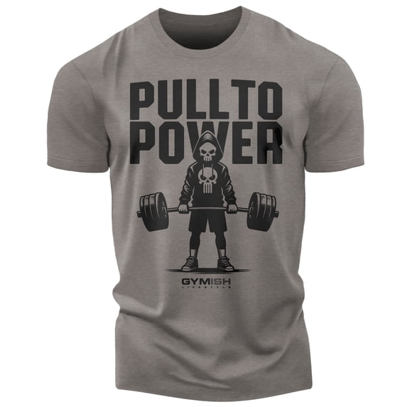 Gymish PULL TO POWER Workout T-Shirt – Funny Gym Shirt for Men, Lifting T-Shirt for Deadlift, Warm Grey, Large
