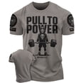 thumbnail image 1 of Gymish PULL TO POWER Workout T-Shirt – Funny Gym Shirt for Men, Lifting T-Shirt for Deadlift, Warm Grey with Sleeve Logo, Small, 1 of 6