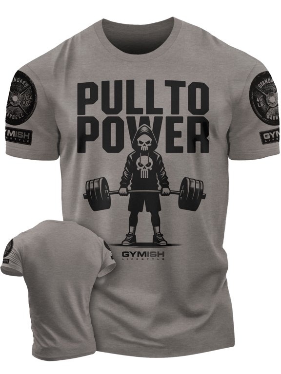 PULL TO POWER Workout T-Shirt – Funny Gym Shirt for Men, Lifting T-Shirt for Deadlift, Warm Grey with Sleeve Logo, Small