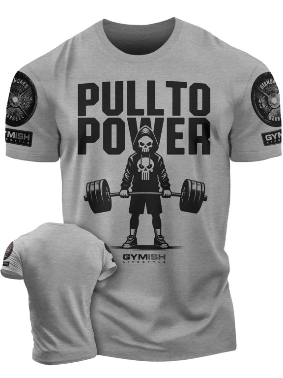PULL TO POWER Workout T-Shirt – Funny Gym Shirt for Men, Lifting T-Shirt for Deadlift, Heather Grey with Sleeve Logo, X-Large