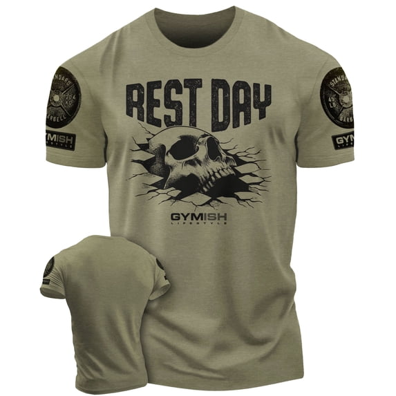 Gymish Rest Day Workout T-Shirt for Men – Funny Gym Shirt, Lifting Tee, Deadlift Shirt, Military Green with Sleeve Logo, X-Large