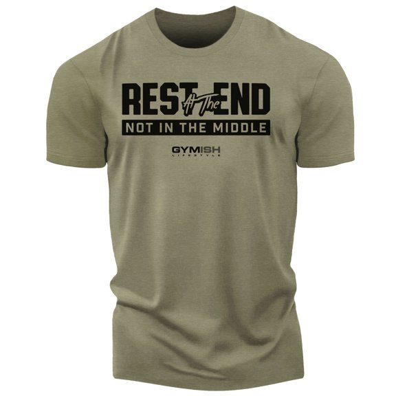 Gymish Rest At The End Workout Shirt for Men – Motivational Gym T-Shirt, Athletic Fitness Wear for Lifters, Military Green, XX-Large