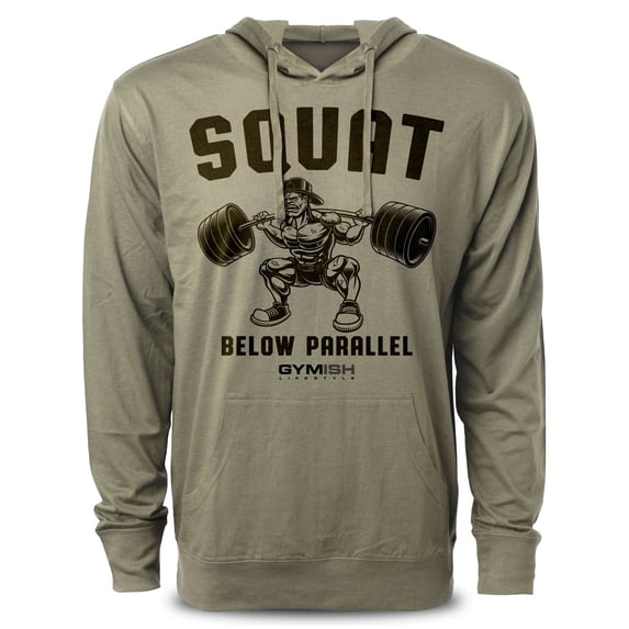 Gymish Squat Below Parallel Workout Hoodie for Men – Funny Gym Pullover, Motivational Lifting Hoodie, Men’s Athletic Workout Apparel, Military Green, XX-Large