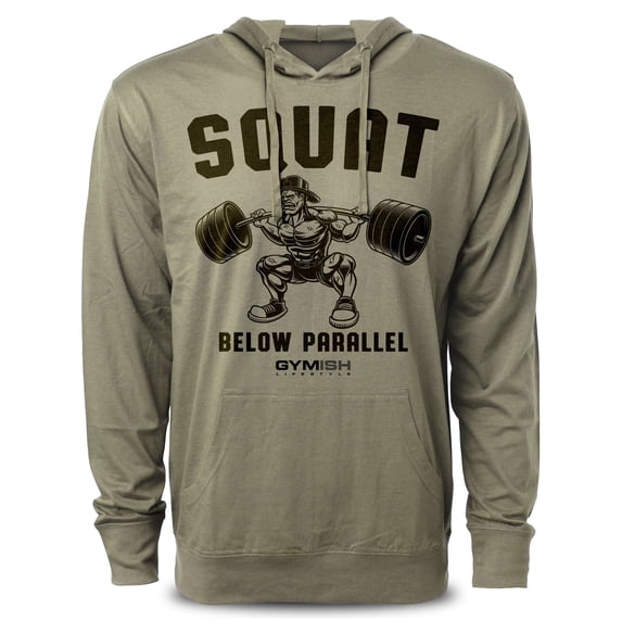 Gymish Squat Below Parallel Workout Hoodie – Funny Gym T-Shirt for Men, Motivational Lifting Tee, Men’s Athletic Workout Apparel