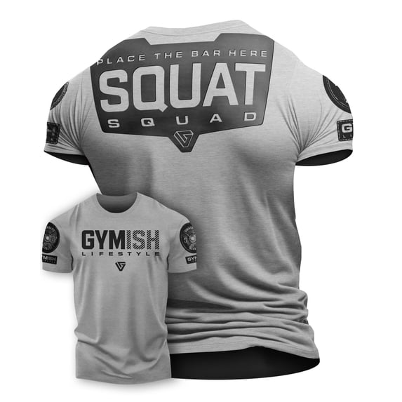 Gymish Squat Squad Gym Shirt for Men – Funny Workout T-Shirt with Rubber Back Design, Men's Gym Clothes, Fitness & Lifting Tee