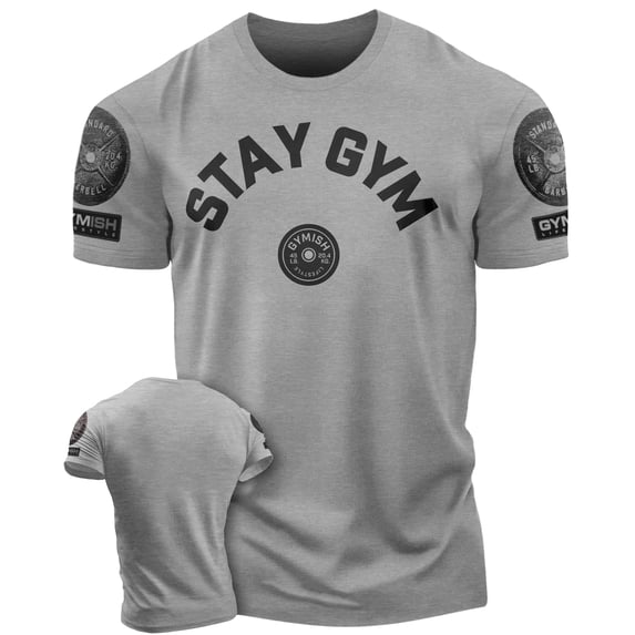Gymish Stay Gym Workout T-Shirt for Men, Funny Fitness Gym Shirt, Weightlifting Tee, Deadlift Shirt, Heather Grey with Sleeve Logo, Large