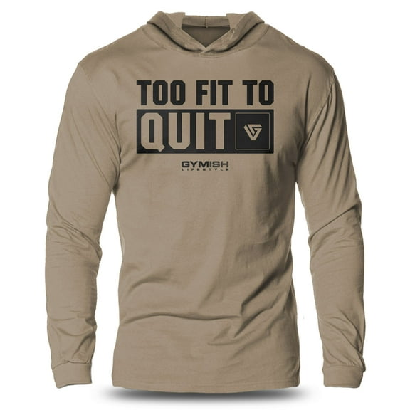 GYMISH Too Fit To Quit Lightweight Long Sleeve Hooded T-Shirt for Men – Funny Gym Hoodie, Athletic Workout Shirt for Lifters & Fitness Lovers