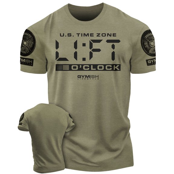 Gymish Lift-O'Clock Workout Shirt for Men – Funny Gym T-Shirt, Weightlifting Gift, Motivational Fitness Tee, Military Green with Sleeve Logo, XX-Large