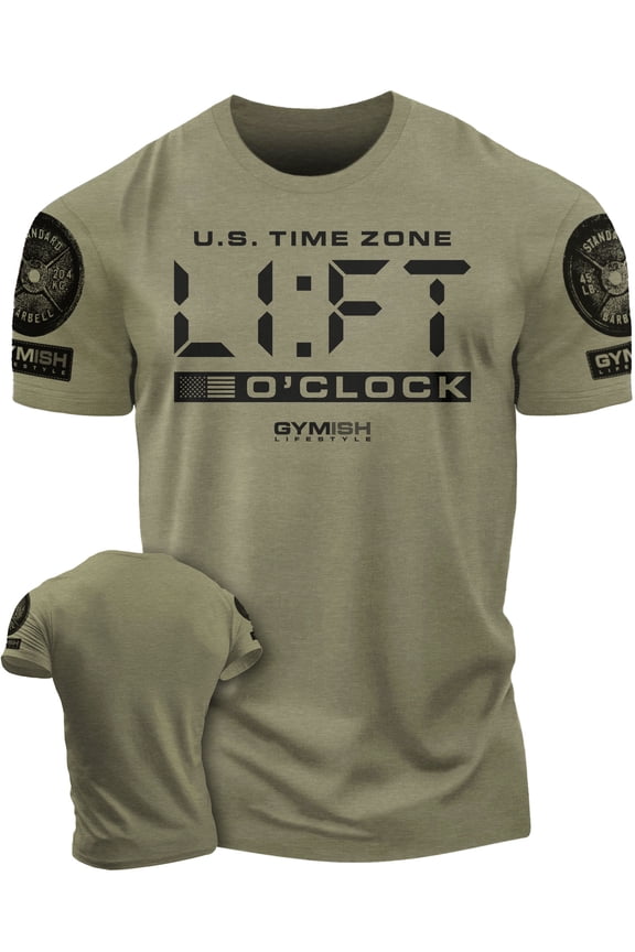 Lift-O'Clock Workout Shirt for Men – Funny Gym T-Shirt, Weightlifting Gift, Motivational Fitness Tee, Military Green with Sleeve Logo, XX-Large