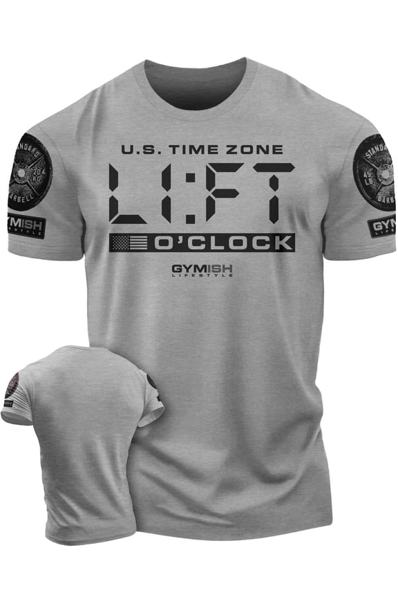 Lift-O'Clock Workout Shirt for Men – Funny Gym T-Shirt, Weightlifting Gift, Motivational Fitness Tee, Heather Grey with Sleeve Logo, Small