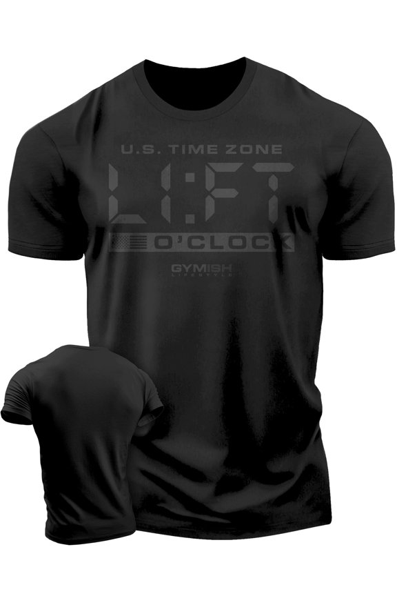 Lift-O'Clock Workout Shirt for Men – Funny Gym T-Shirt, Weightlifting Gift, Motivational Fitness Tee, Black on Black, Medium