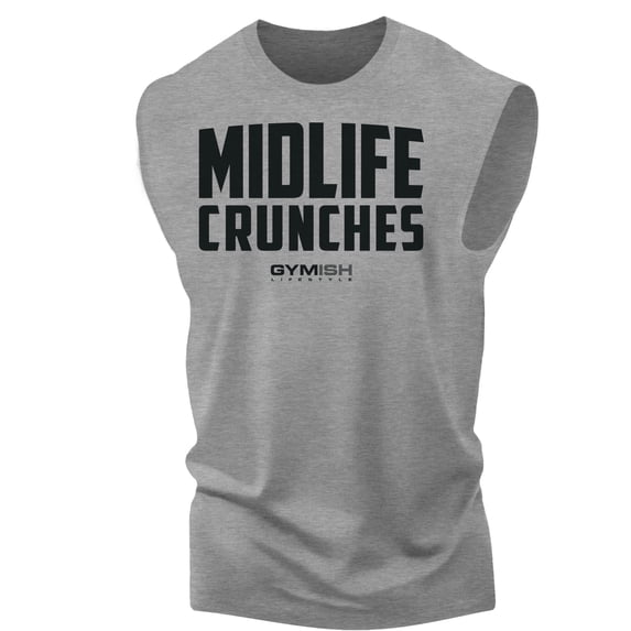 Gymish Midlife Crunches Workout Muscle Tank Top for Men – Funny Motivational Gym Tank, Athletic Fitness Wear, Heather Grey, XX-Large