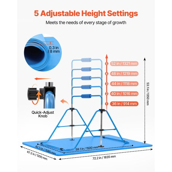 Gymnastic Bars for Kids, 140 lbs Capacity Folding Training Kip Bar with Mat, Adjustable Height Gymnastic Horizontal Bar for Home, Training Equipment for Indoor Outdoor, Easy to Assemble, Blue