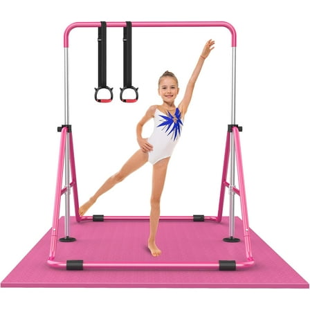 Gymnastic Bars for Kids with Mat, Adjustable Height Folding Gymnastic Training Kip Bar, Junior Expandable Horizontal Monkey Bar for Home