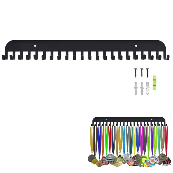 Gymnastic Medal Holder Hanger Display Rack, Medal and Ribbon Shelf, Medal Hanger Display with 22 Hooks (Black)
