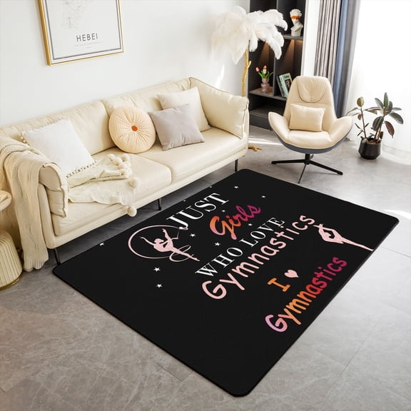 Gymnastics Area Rug Pink Ballet Dancers Silhouette Non Slip Rug for Kids Gilrs Teens Glitter Cartoon Stars Romantic Hearts Non Shedding Rug for Bedroom Couch 100cm X 150cm X 1cm