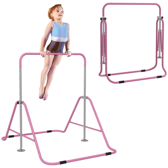 Gymnastics Bar, Adjustable Height Foldable Steel Training Bar with Non-Slip Base, Pink, 35-50.6 in