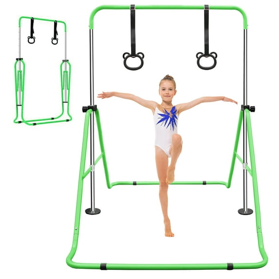 Gymnastics Bar for Kids,Adjustable Height Gymnastic Horizontal Bars with Bear Rings,Folding Junior Training Kip Bar for Kid Gymnasts, Child, Girl, Boy,Green