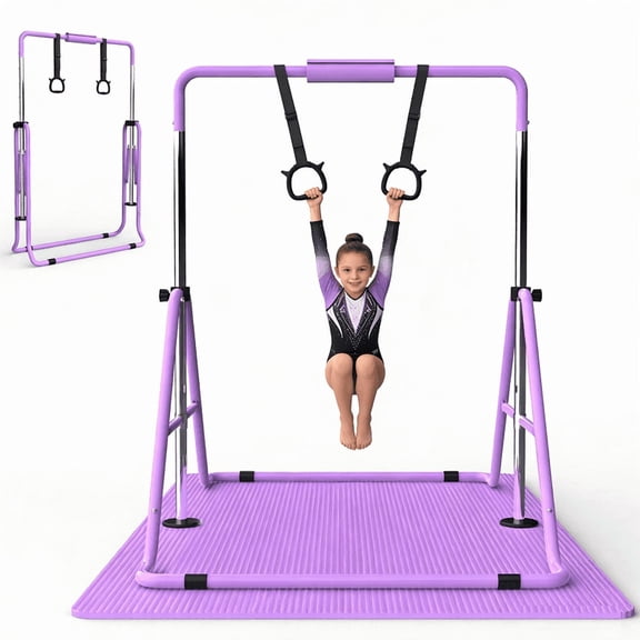 Gymnastics Bar for Kids Ages 3-8 Adjustable Height, 35"-51", Stable Kids Horizontal Bar with Gymnastic Rings & Non-Slip Mat, Foldable Indoor Outdoor Gymnastics Equipment for Kids, Purple
