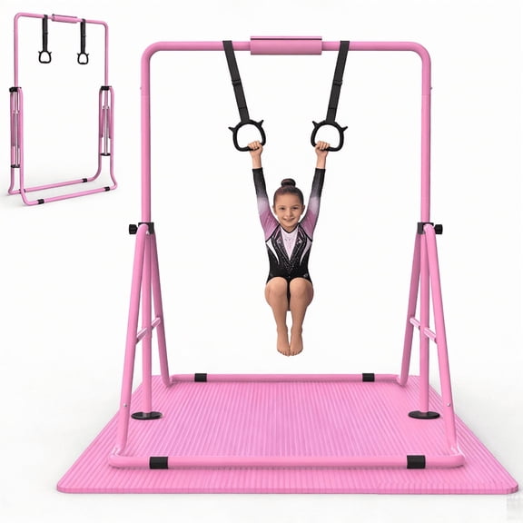 Gymnastics Bar for Kids Ages 3-8 Adjustable Height, 35"-51", Stable Kids Horizontal Bar with Gymnastic Rings & Non-Slip Mat, Foldable Indoor Outdoor Gymnastics Equipment for Kids, Pink