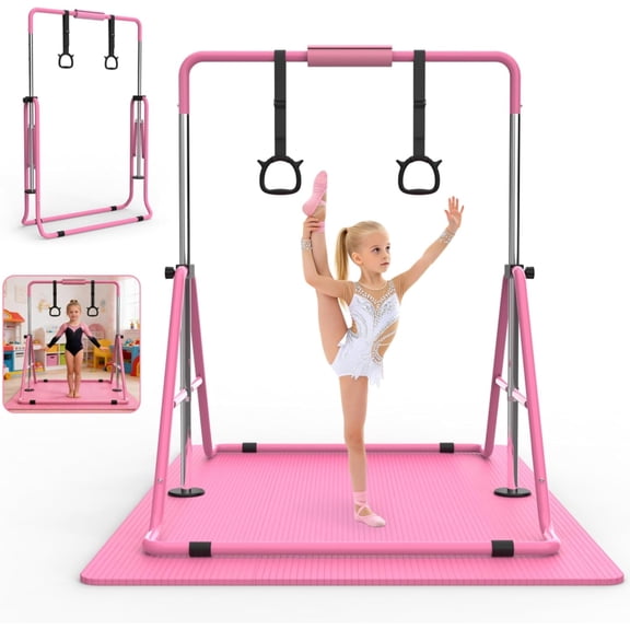 Gymnastics Bar for Kids, Gymnastics Horizontal Bar with Adjustable Height Foldable Training Bar with Mat for Home Practice