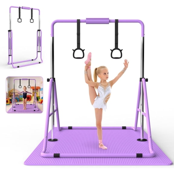 Gymnastics Bar for Kids, Gymnastics Horizontal Bar with Adjustable Height Foldable Training Bar with Mat for Home Practice