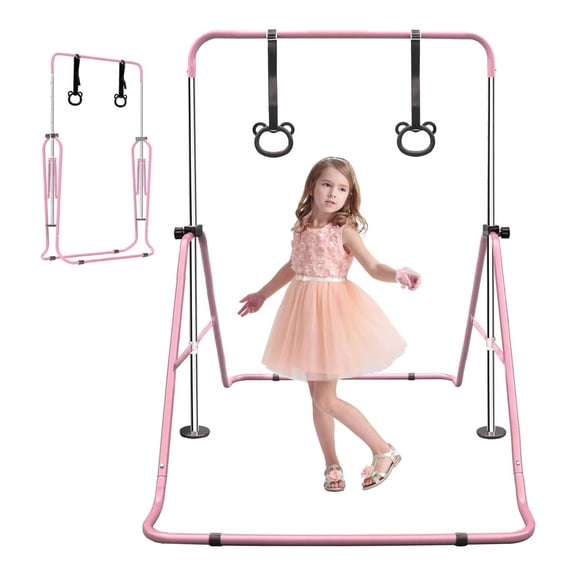 Gymnastics Bar for Kids - Height Adjustable Folding Horizontal Bar - Junior Training Equipment for Home Use - Pink, 5 Adjustable Levels