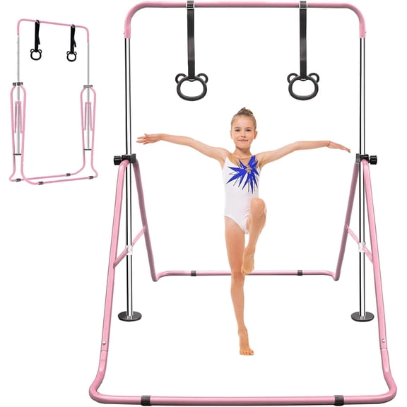 Gymnastics Bars for Kids with Rings, Junior Kip Training Bars Equipment for Home, Folding Height Adjustable Horizontal Bars