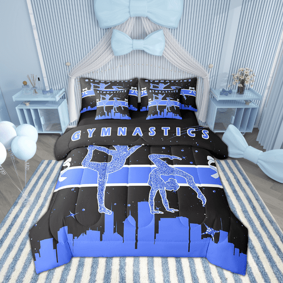 Gymnastics Bedding Queen Size 7-Piece Little Girls Comforter Set, Dance Princess Bedding Comforter Sets Sports Theme Bed in a Bag, Navy Blue Black Bedding Accessories Gymnast Home Decor Ultra Soft