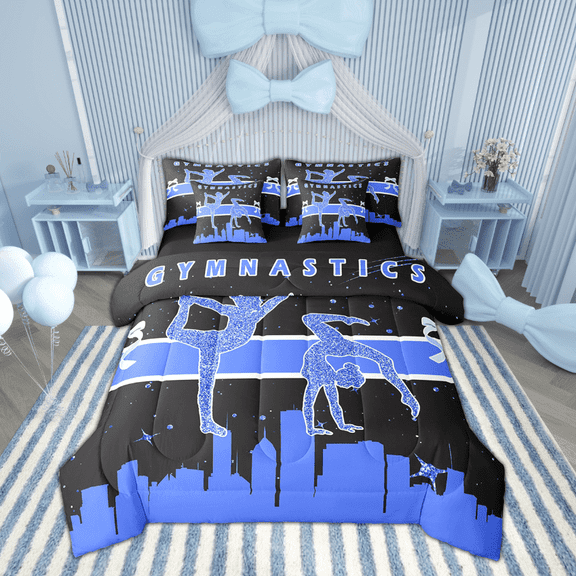 Gymnastics Bedding Queen Size 7-Piece Little Girls Comforter Set, Dance Princess Bedding Comforter Sets Sports Theme Bed in a Bag, Navy Blue Black Bedding Accessories Gymnast Home Decor Ultra Soft