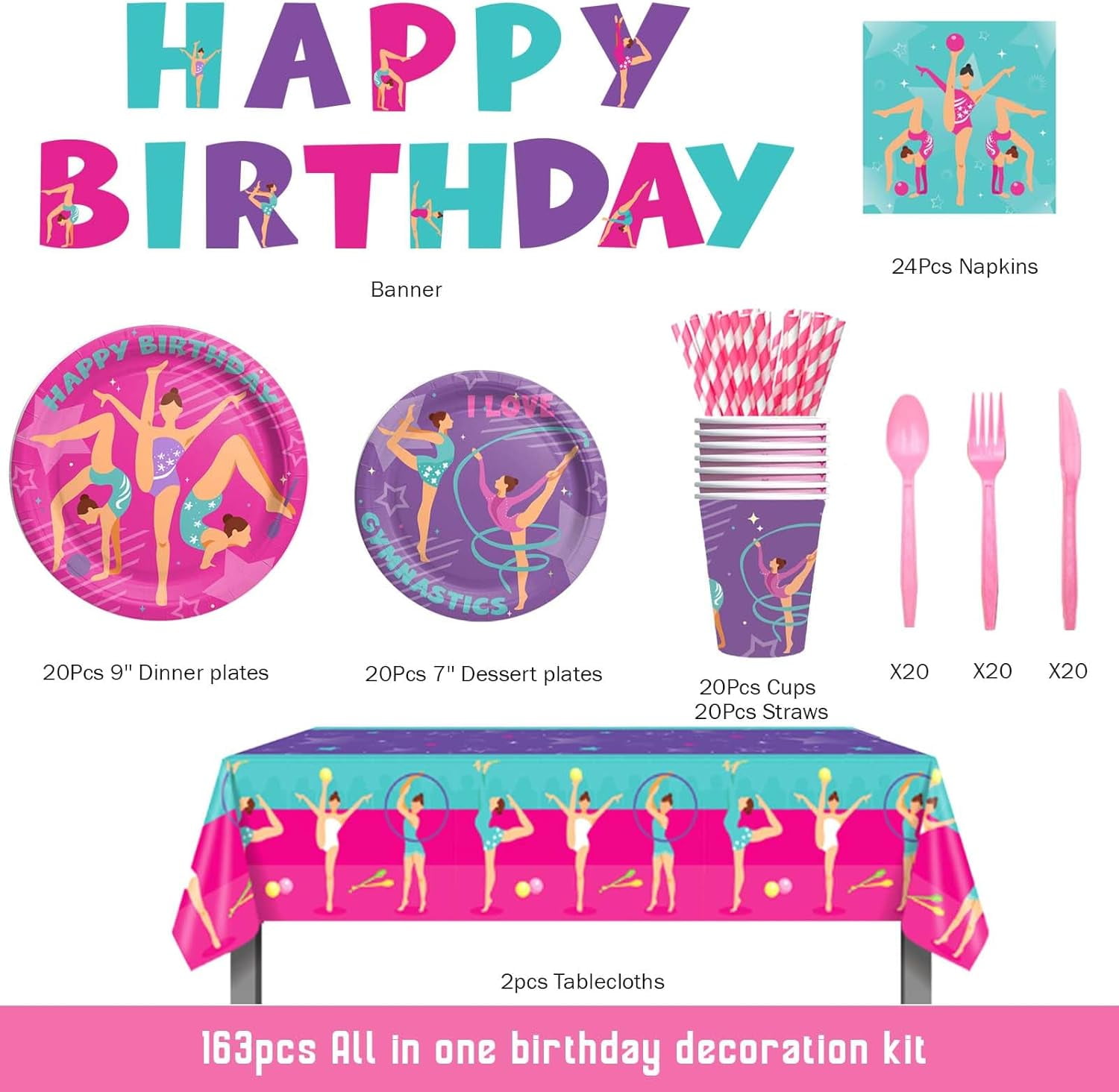 Gymnastics Birthday Party Supplies Tableware Set, Gymnastics Party ...