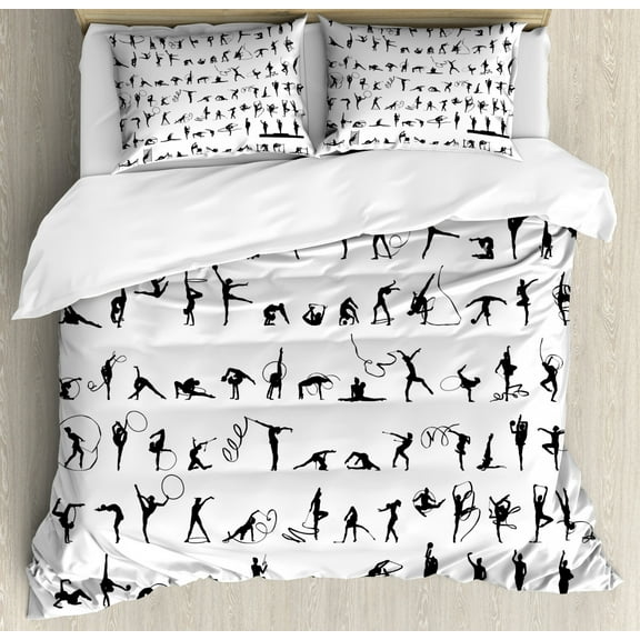 Gymnastics Duvet Cover Set King Size, Olympic Competition Themed Silhouettes Pattern with Ribbons and Podium, Decorative 3 Piece Bedding Set with 2 Pillow Shams, Black and White, by Ambesonne