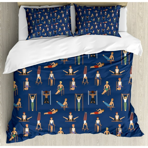 Gymnastics Duvet Cover Set Queen Size, Cartoon Style Boys Working out Fitness Themed Bodybuilding Athletic Characters, Decorative 3 Piece Bedding Set with 2 Pillow Shams, Multicolor, by Ambesonne