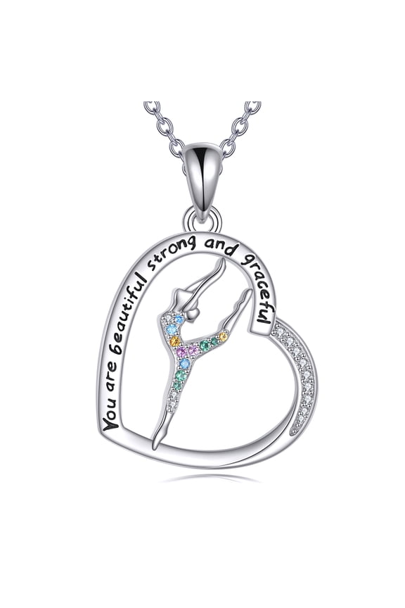 Gymnastics Gifts S925 Sterling Silver Bling Rainbow Gymnastics Necklace Team USA Gymnastics Jewelry Heart Pendant,Sport Gymnastics Birthday Gifts for Women Gymnast Mate