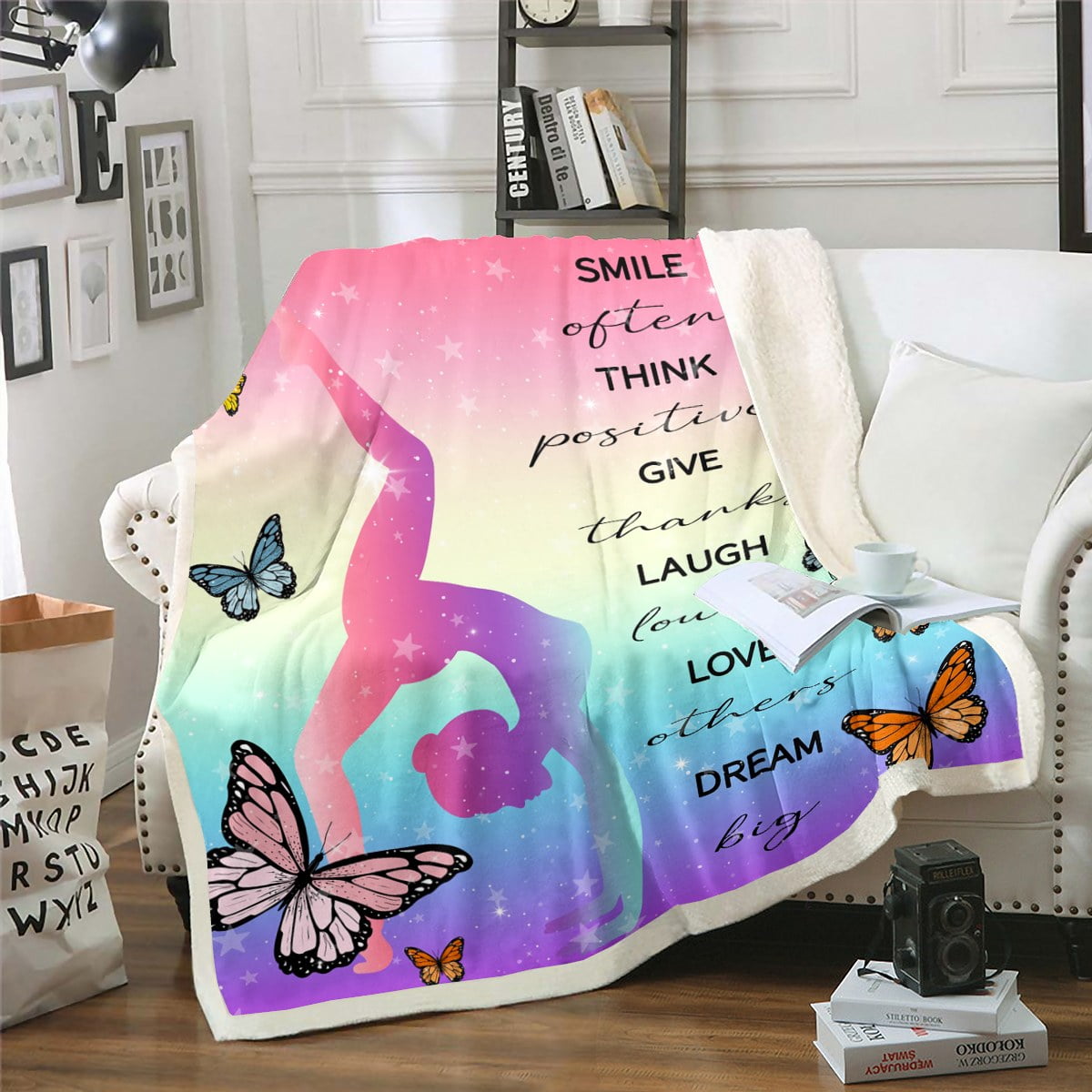 Gymnastics Girls Sherpa Blanket Cute Rainbow Blanket for Kids, Girly