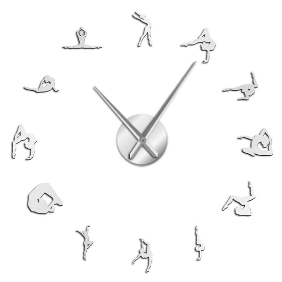Gymnastics Girls Silhouette Acrylic Mirror Sticker DIY Wall Clock Sport Lover Athlete Home Decor Quartz Clock Battery Operated(Silver,27inch)