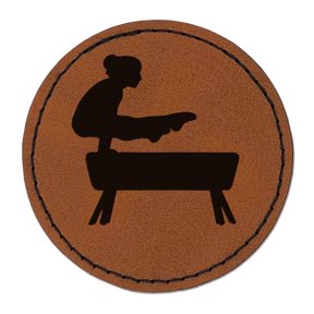 Gymnastics Gymnast Vault Solid 2.5" Faux Leather Round Engraved Iron-On Patch - Brown